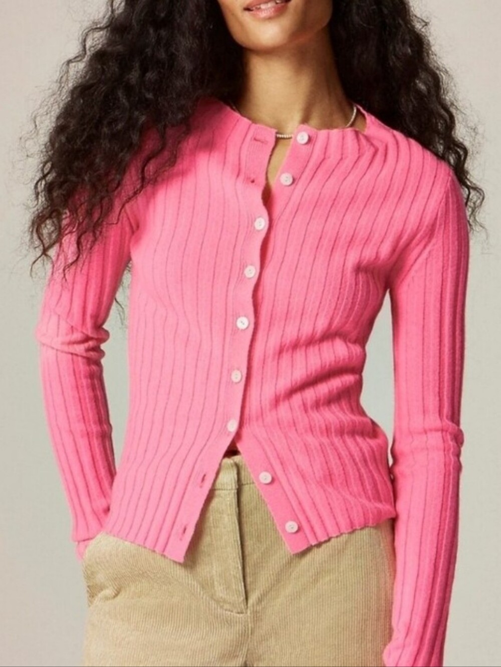 J. CREW Cashmere Cardigan,wide rib,bright pink,L